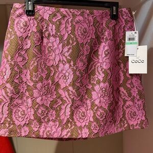 CeCe Floral Pink and Brown Lace Mini Skirt